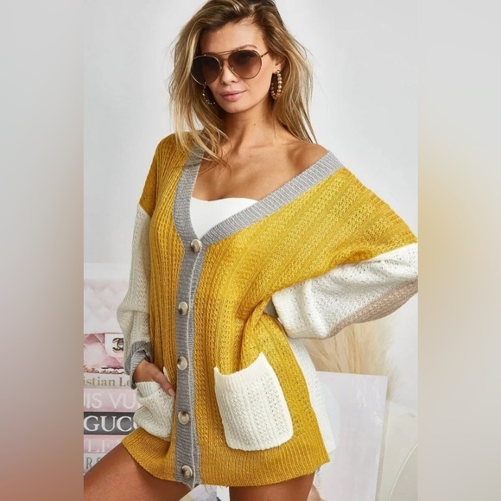 BiBi Color Block Sweater Cardigan with Button Closure